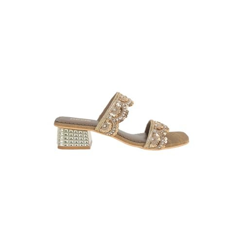 Mochi Women's Antique Gold Synthetic Ethnic Sandals | Slip-On Embellished Block Heel Sandals for Women | Light Weight Sequined Embroidered Footwear | Square Toe Fashion Sandals | Size UK 7 | - Image 4