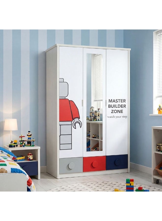 Blocks 3Doors Wardrobe With 3 Drawers 1 Mirror Sturdy Kids Closet Clothes Storage Cupboard Modern Design Space Saving Swing Door Cabinet For Bedroom L119 5Xw50 3Xh202Cm Grey Red