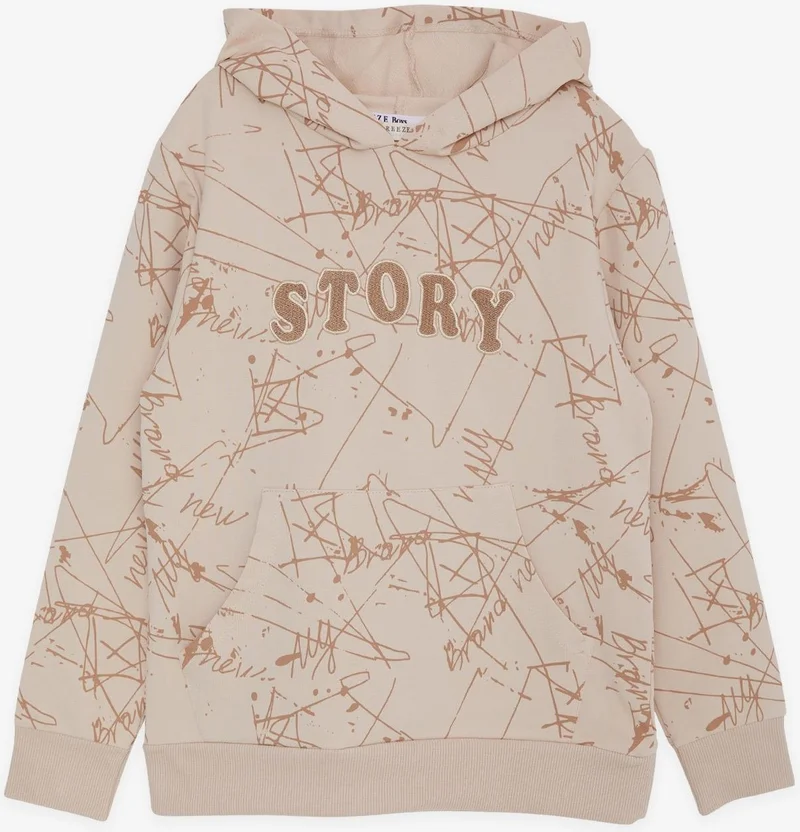 Breeze Girls & Boys Boy's Sweatshirt Kangaroo Pocket Hooded Text Embroidered 8-12 Years, Beige