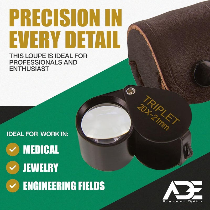 Ade Advanced Optics 2021TB 20x 21mm Triplet Professional Jewelers Loupe Magnifier – Folding Hand Lens for Jewelry, Gemstone, and Detail Inspection – Black Triplet Glass with Leather Case - Image 4