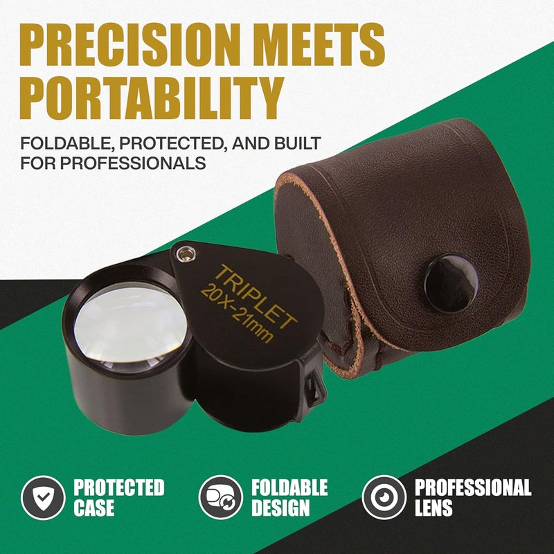 Ade Advanced Optics 2021TB 20x 21mm Triplet Professional Jewelers Loupe Magnifier – Folding Hand Lens for Jewelry, Gemstone, and Detail Inspection – Black Triplet Glass with Leather Case - Image 2
