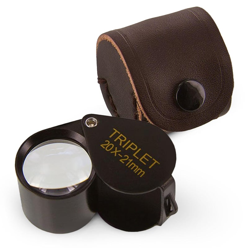 Ade Advanced Optics 2021TB 20x 21mm Triplet Professional Jewelers Loupe Magnifier – Folding Hand Lens for Jewelry, Gemstone, and Detail Inspection – Black Triplet Glass with Leather Case - Image 1