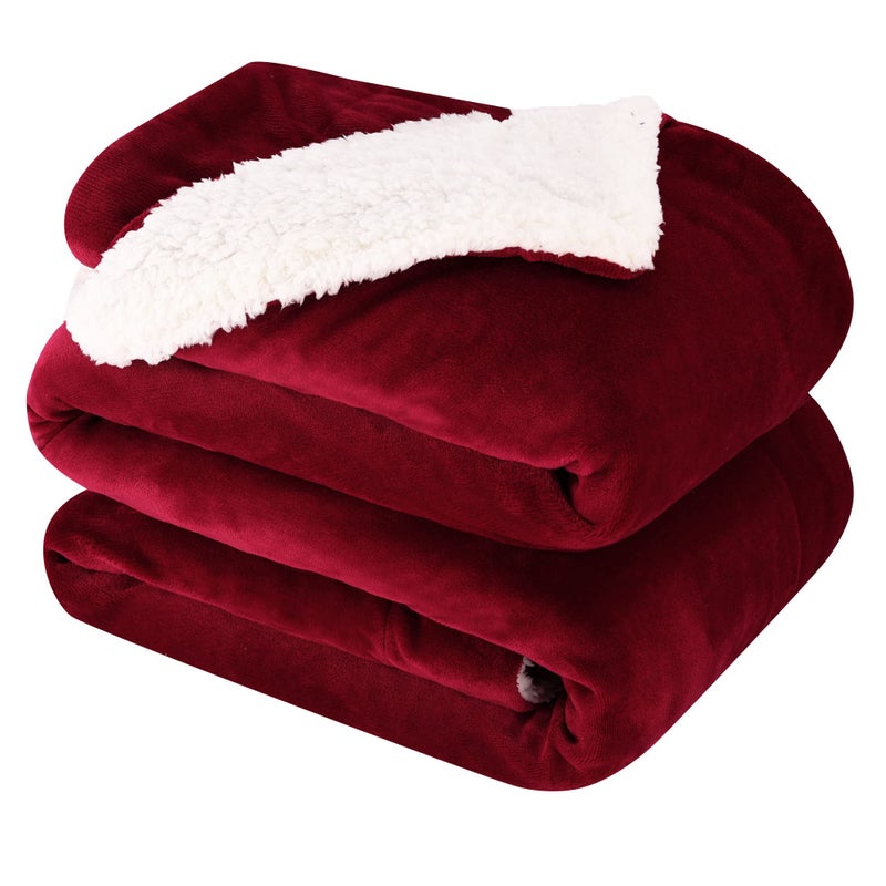 NANPIPER King Size Sherpa Blanket Soft Fleece Throw for Bed Reversible Thick Fuzzy Blanket for Winter Wine Red 90x108 inches