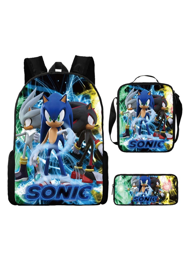 Sonic Primary School Backpack Cartoon Anime Backpack Messenger Bag Pencil Case Three-Piece Set 29*16*42cm