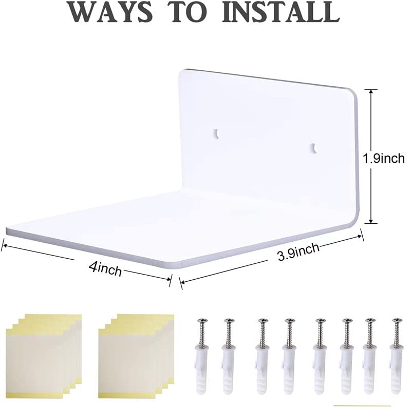 Bolidery 4 Pack Small Acrylic Floating Shelves, 4'' Acrylic Wall Shelves Display Ledges for Storage & Decoration, Mini Shelves for Wall with 2 Types of Installation (Adhesive or Screw) - Image 2