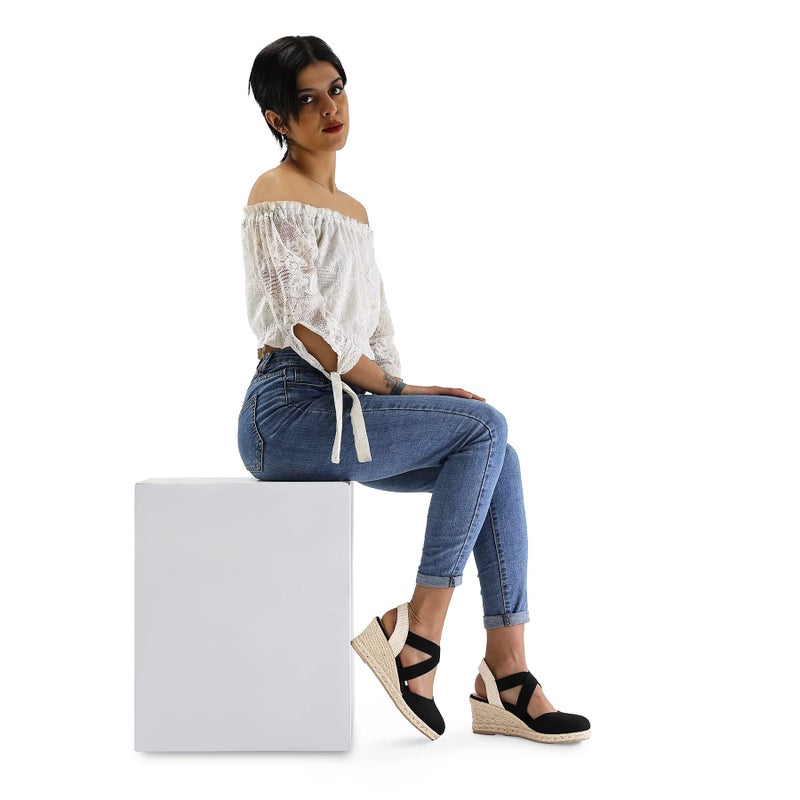 mysoft Women's Closed Toe Crisscross Elastic Ankle Strap Platform Espadrille Wedge Sandals - Image 2