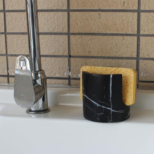 Nawgnail Natural Marble Travertine Sponge Holder for Kitchen Counter, Drying Rack, Sponge Caddy for Sink Organizer - Nero Portoro Marble - Image 2