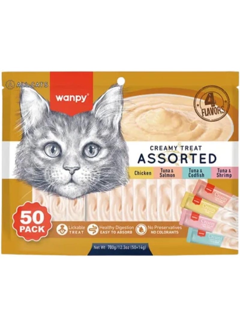 Wanpy Creamy Lickable Cat Treats Assorted – 4 Different Flavors (50 x 14g) – 700g - Image 1