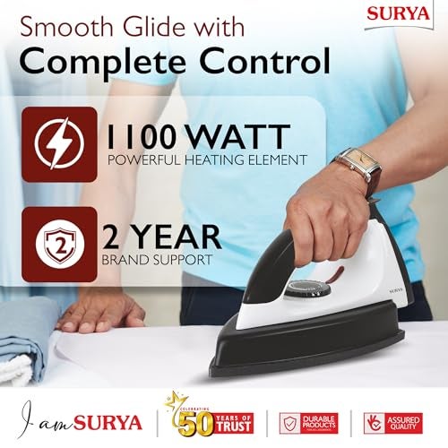 Surya Roshni Bolt Heavy Weight 1100W Dry Iron with Large Non-Stick Soleplate, Cool Touch Handle, Adjustable Temperature Control & 360° Swivel Cord for Smooth and Efficient Ironing - Image 2