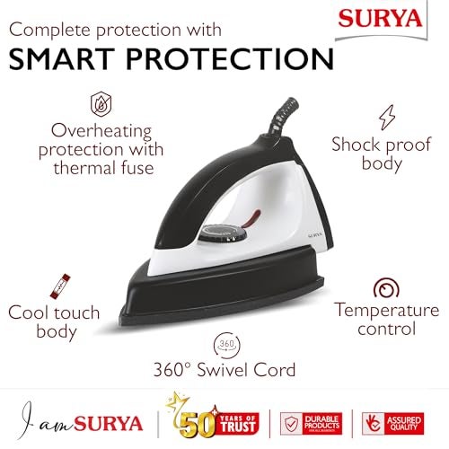 Surya Roshni Bolt Heavy Weight 1100W Dry Iron with Large Non-Stick Soleplate, Cool Touch Handle, Adjustable Temperature Control & 360° Swivel Cord for Smooth and Efficient Ironing - Image 3
