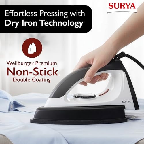 Surya Roshni Bolt Heavy Weight 1100W Dry Iron with Large Non-Stick Soleplate, Cool Touch Handle, Adjustable Temperature Control & 360° Swivel Cord for Smooth and Efficient Ironing - Image 5
