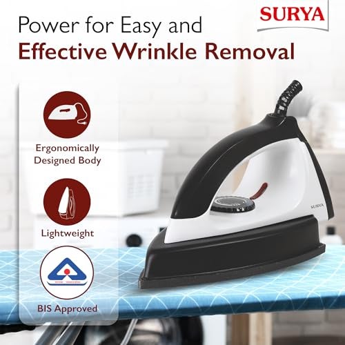 Surya Roshni Bolt Heavy Weight 1100W Dry Iron with Large Non-Stick Soleplate, Cool Touch Handle, Adjustable Temperature Control & 360° Swivel Cord for Smooth and Efficient Ironing - Image 4