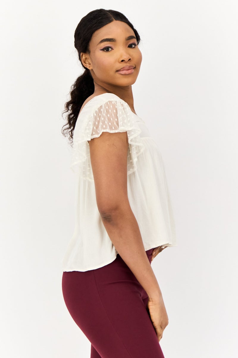 ONLY Women Square Neck Short Sleeve Textured Crop Top, Off White  - Image 4