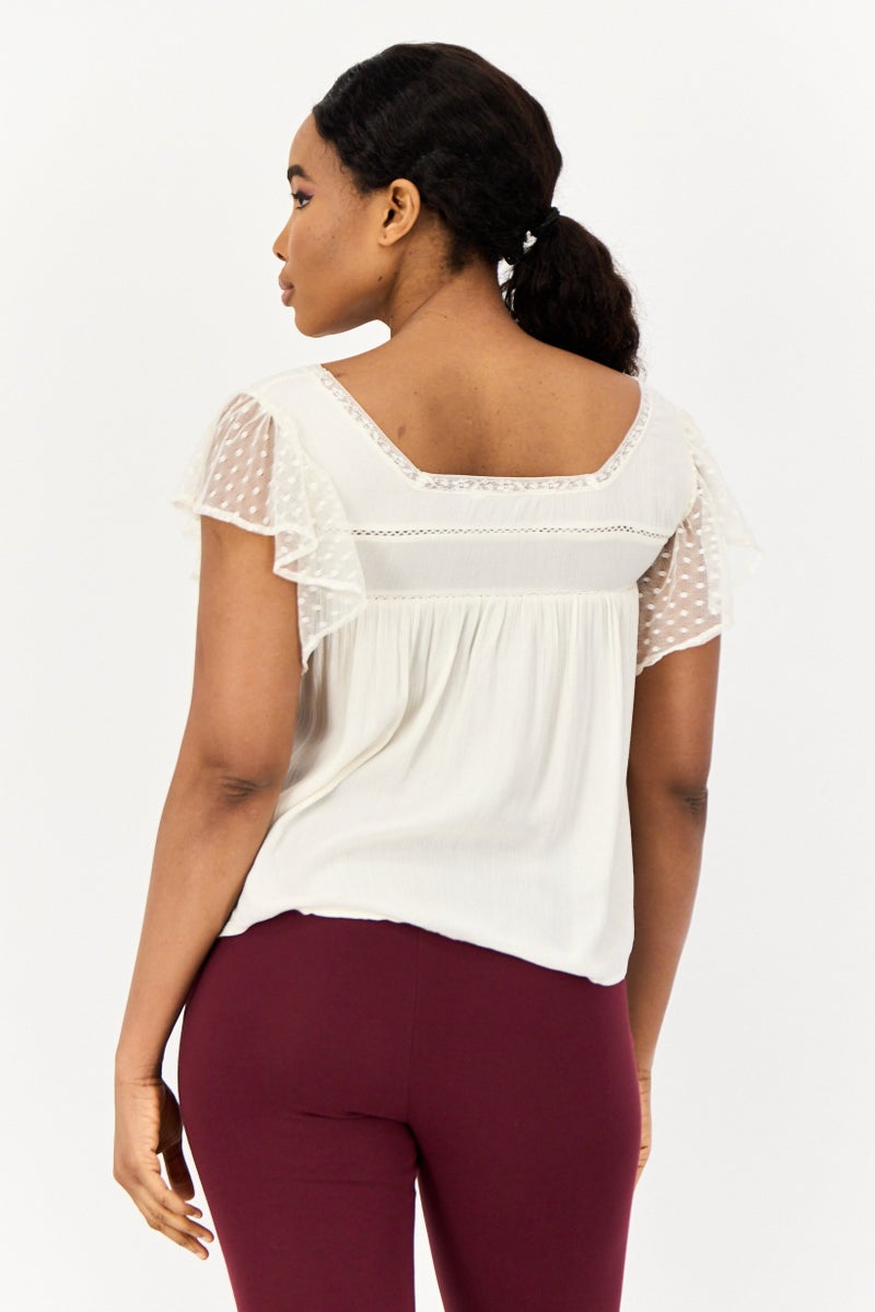 ONLY Women Square Neck Short Sleeve Textured Crop Top, Off White  - Image 3