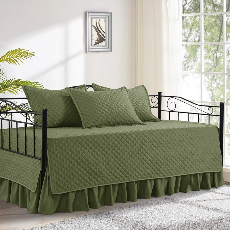 HOMBYS Daybed Cover Sets- Diamond Stitching Daybed Bedding Set, All Season Cozy Bedding with Bedskirt with Shams, Microfiber Filling, 5 Pieces, Olive-Green - Image 1