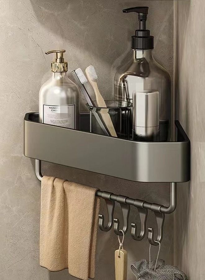 كوتيس 1-Piece  Bathroom Triangle Shelving  Shower Room Toilet Corner Triangular Basket Wall Hanging Storage Rack with Hooks Grey 27.1 x 23.7 - Image 3