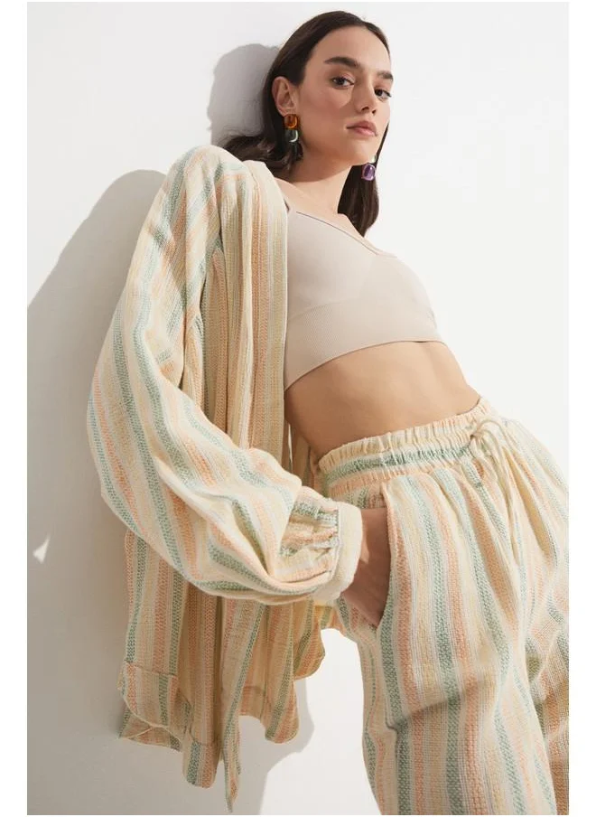 جون June Exclusive 100% Cotton Striped Kimono Beige