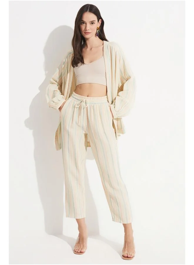 JUNE June Exclusive 100% Cotton Striped Kimono Beige
