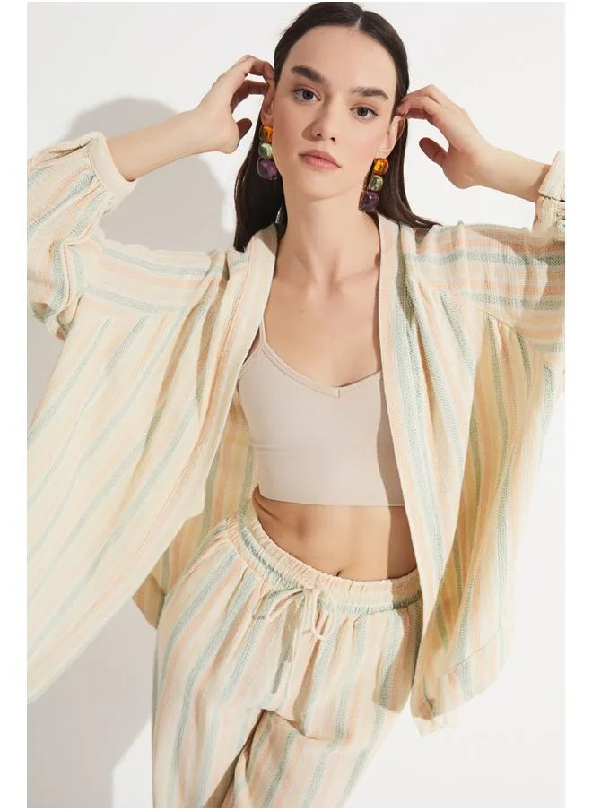 JUNE June Exclusive 100% Cotton Striped Kimono Beige
