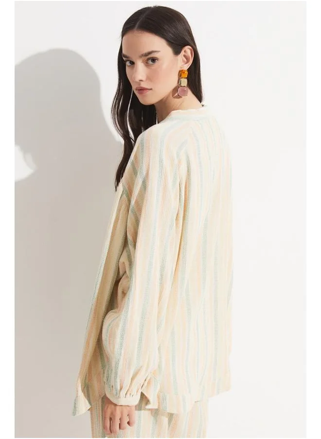 JUNE June Exclusive 100% Cotton Striped Kimono Beige