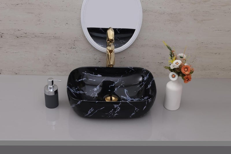 ACRAVIT CERAMIC Designer Table Top Ceramic Wash Basin Vessel Sink with Slim Rim Collapsible Countertop Basin OverCounter Bathroom Sink Black Marble450 X 350 X 120MM - Image 3