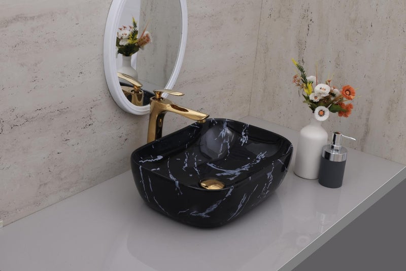ACRAVIT CERAMIC Designer Table Top Ceramic Wash Basin Vessel Sink with Slim Rim Collapsible Countertop Basin OverCounter Bathroom Sink Black Marble450 X 350 X 120MM - Image 1