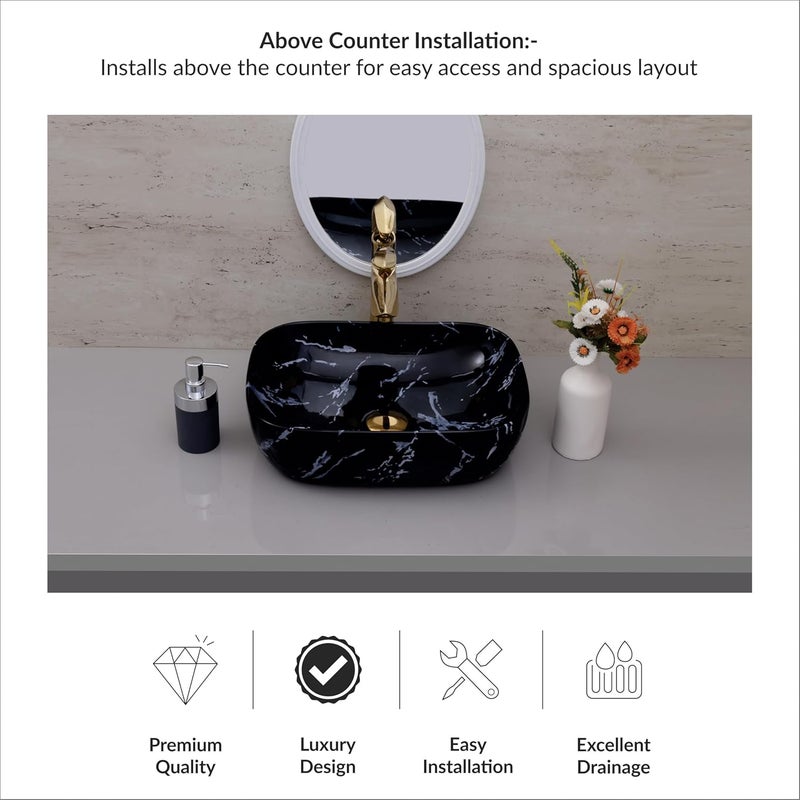 ACRAVIT CERAMIC Designer Table Top Ceramic Wash Basin Vessel Sink with Slim Rim Collapsible Countertop Basin OverCounter Bathroom Sink Black Marble450 X 350 X 120MM - Image 5