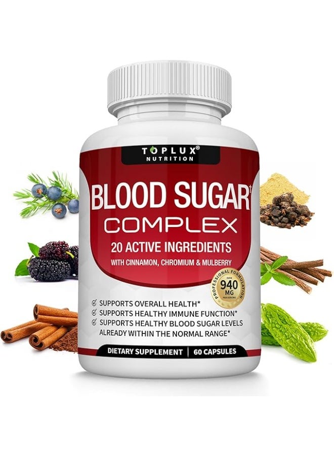 Toplux Blood Sugar Complex Supplement - Supports Healthy Blood Sugar Levels Already Within Normal Range All Natural with Cinnamon, Bitter Melon, Chromium, Mulberry, Alpha Lipoic Acid, Non-GMO, 60 Capsules  - Image 1