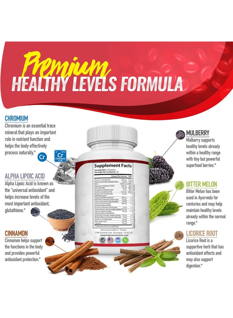 Toplux Blood Sugar Complex Supplement - Supports Healthy Blood Sugar Levels Already Within Normal Range All Natural with Cinnamon, Bitter Melon, Chromium, Mulberry, Alpha Lipoic Acid, Non-GMO, 60 Capsules  - Image 4
