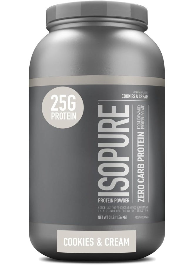 Isopure مسحوق بروتين مصل اللبن إيزوبور زيرو كارب مع فيتامين سي وزنك لدعم المناعة، 25 جرام بروتين، وصديق للكيتو - كوكيز وكريمة، 3 أرطال، 41 حصة (1.36 كجم) - Image 1