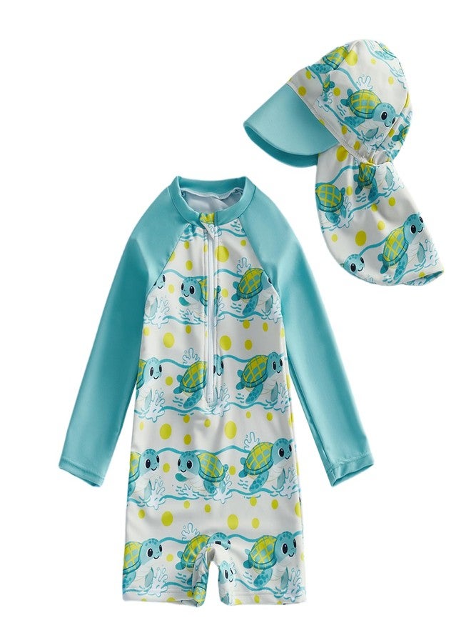 Focusnorm Toddler Baby Boy Swimsuit Shark/Turtle Long Sleeve One Piece Rash Guard Zip-up Bathing Suit Sunsuit Beachwear (Cute Green, 6-12 Months) - Image 1