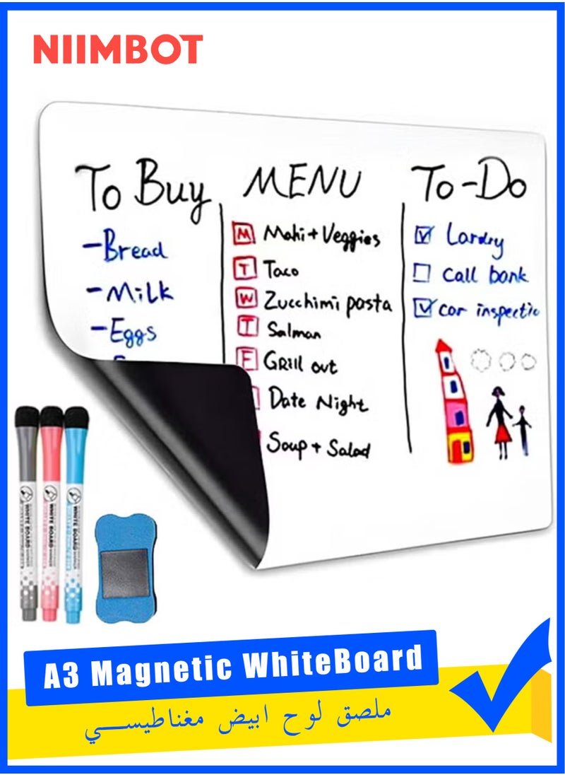 NIIMBOT A3 Magnetic White Board Versatile Dry Erase Board Fridge Dry Erase Whiteboard Sheet with 3 Markers and Board Eraser, Rounded Corner for DIY Projects Family Interaction and Creative Learning Message Board Office Memo, 42*30cm  - Image 1
