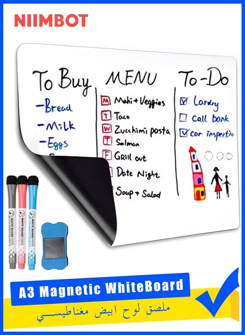 NIIMBOT A3 Magnetic White Board, 42*30cm Versatile Dry Erase Board Fridge Dry Erase Whiteboard Sheet with 3 Markers and Board Eraser, Rounded Corner for DIY Projects Family Interaction and Creative Learning Message Board Office Memo - Image 1
