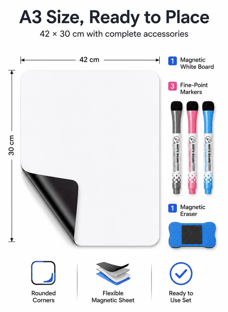 NIIMBOT A3 Magnetic White Board, 42*30cm Versatile Dry Erase Board Fridge Dry Erase Whiteboard Sheet with 3 Markers and Board Eraser, Rounded Corner for DIY Projects Family Interaction and Creative Learning Message Board Office Memo - Image 2