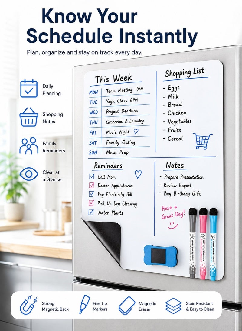 NIIMBOT A3 Magnetic White Board, 42*30cm Versatile Dry Erase Board Fridge Dry Erase Whiteboard Sheet with 3 Markers and Board Eraser, Rounded Corner for DIY Projects Family Interaction and Creative Learning Message Board Office Memo - Image 5