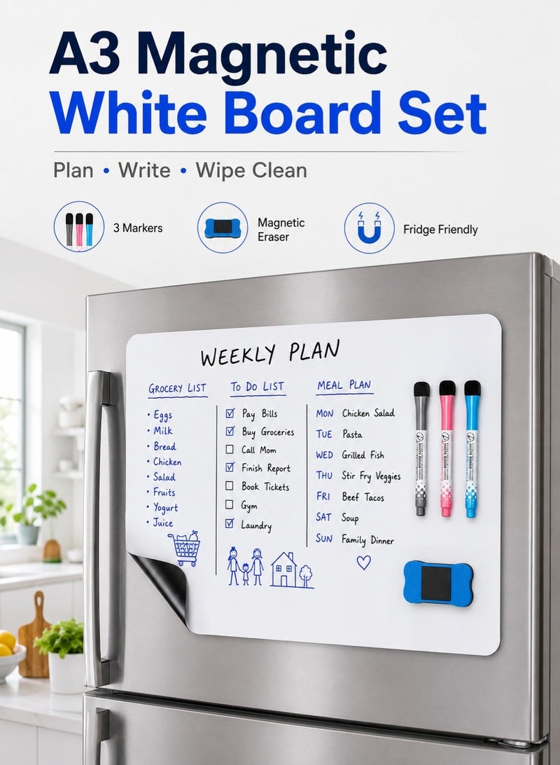 NIIMBOT A3 Magnetic White Board, 42*30cm Versatile Dry Erase Board Fridge Dry Erase Whiteboard Sheet with 3 Markers and Board Eraser, Rounded Corner for DIY Projects Family Interaction and Creative Learning Message Board Office Memo - Image 3