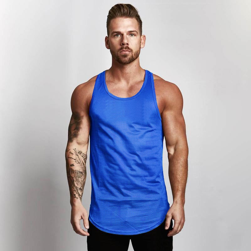 Blank Mesh Slim Fitness Vest Mens European and American Arc Hem Sports GYM Base Breathable Quick-drying Waistcoat Blue