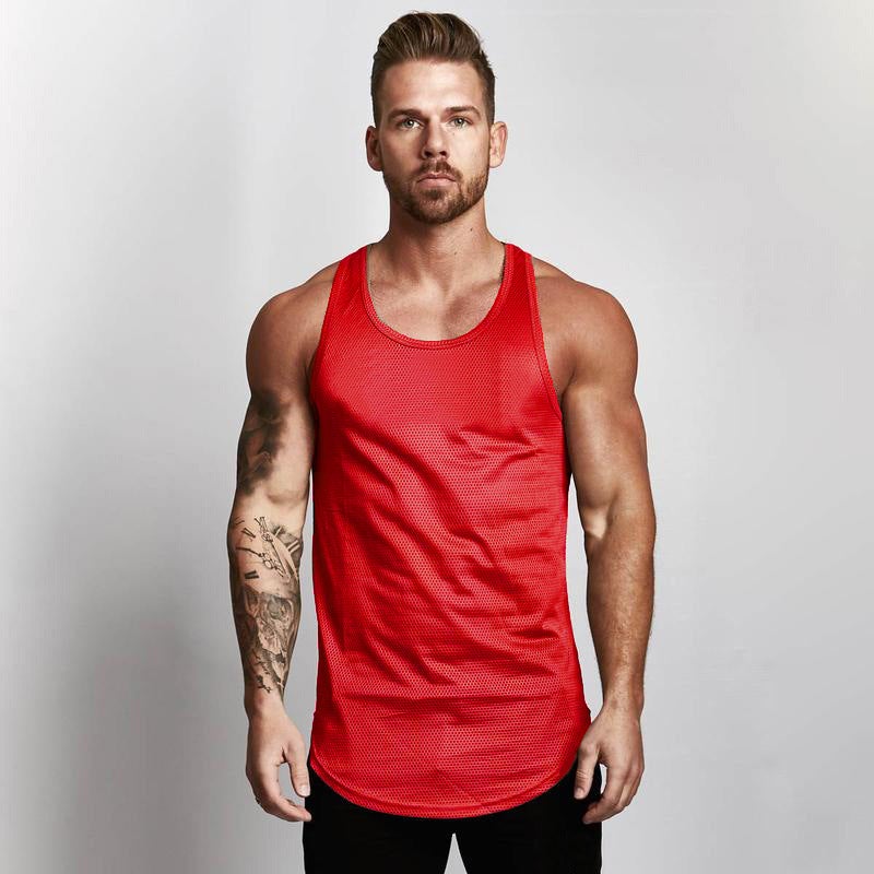 Blank Mesh Slim Fitness Vest Mens European and American Arc Hem Sports GYM Base Breathable Quick-drying Waistcoat Blue