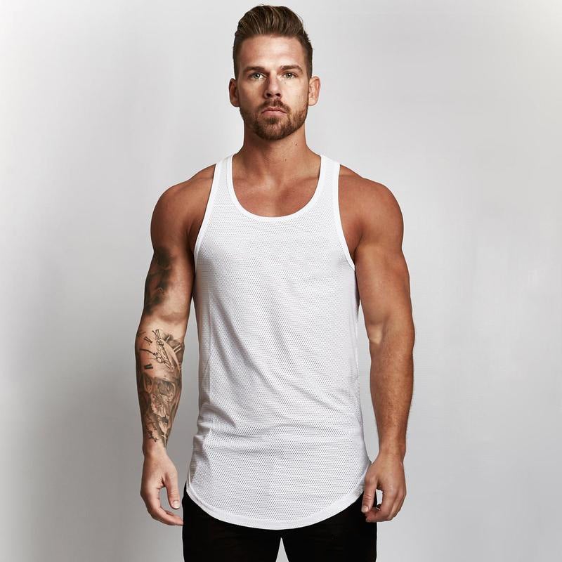Blank Mesh Slim Fitness Vest Mens European and American Arc Hem Sports GYM Base Breathable Quick-drying Waistcoat Blue
