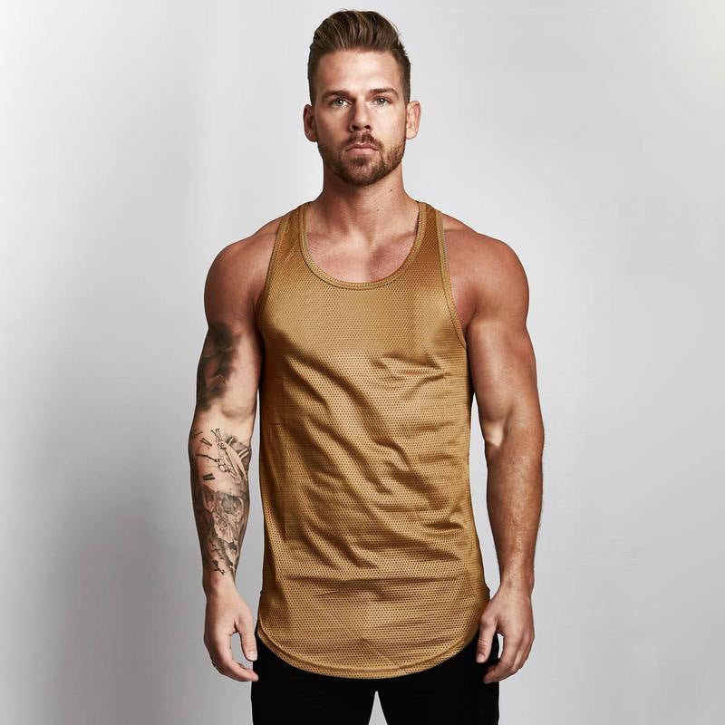 Blank Mesh Slim Fitness Vest Mens European and American Arc Hem Sports GYM Base Breathable Quick-drying Waistcoat Blue