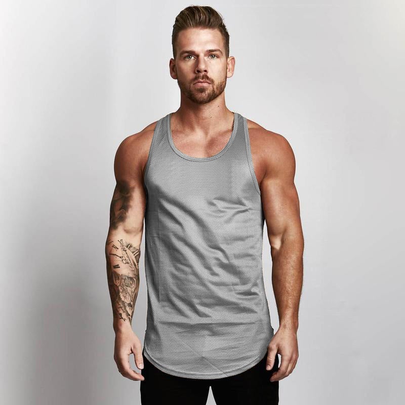 Blank Mesh Slim Fitness Vest Mens European and American Arc Hem Sports GYM Base Breathable Quick-drying Waistcoat Blue