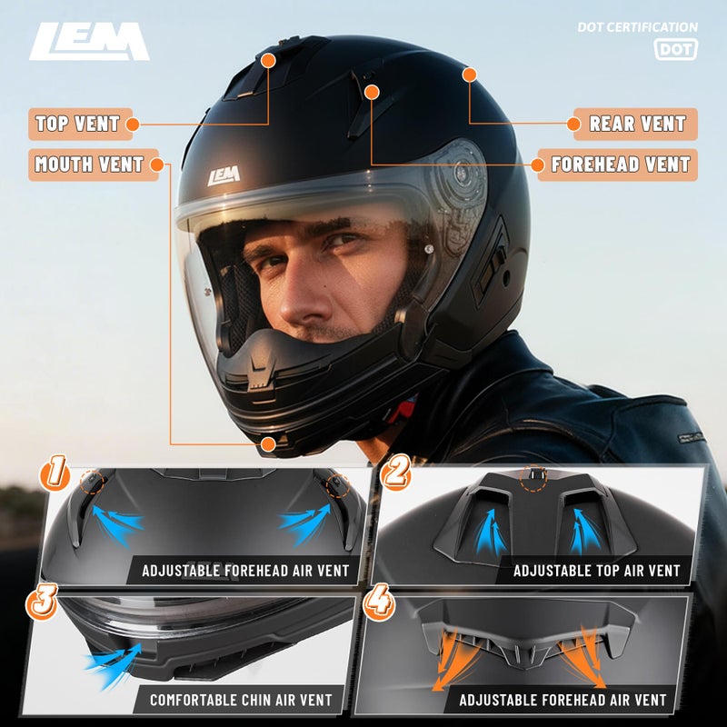LEM Modular Motorcycle Helmets for Adults, Full Face Motorcycle Helmets for Men, Detachable Chin Guard, DOT Approved, Anti-Fog PINLOCK & DVS Dual Vision, Double D Lock, Quick (Matte Black, Large) - Image 4