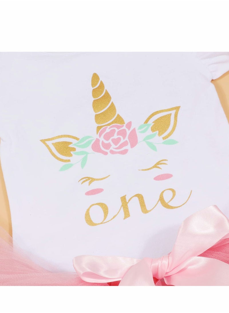 Y&D - Baby Girl Birthday Unicorn Outfit Toddler My 1st Romper Tutu Skirt with Headband Clothes Set Pink - Image 1