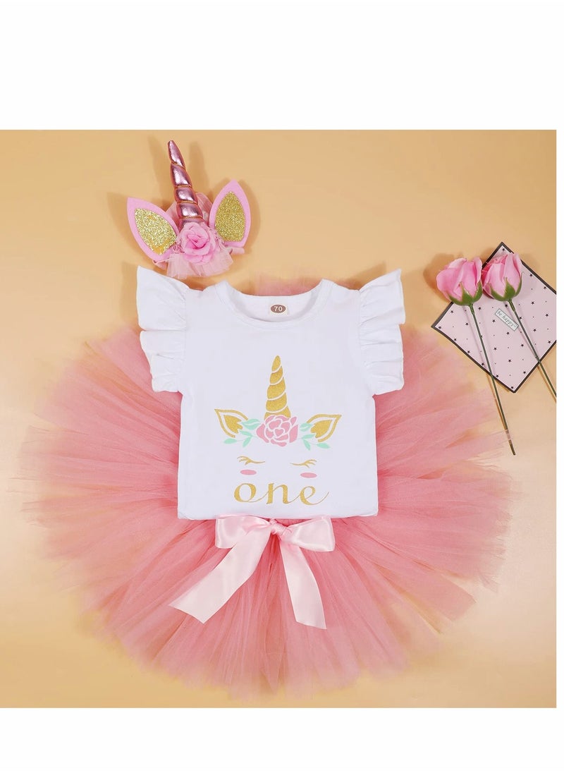 Y&D - Baby Girl Birthday Unicorn Outfit Toddler My 1st Romper Tutu Skirt with Headband Clothes Set Pink - Image 1