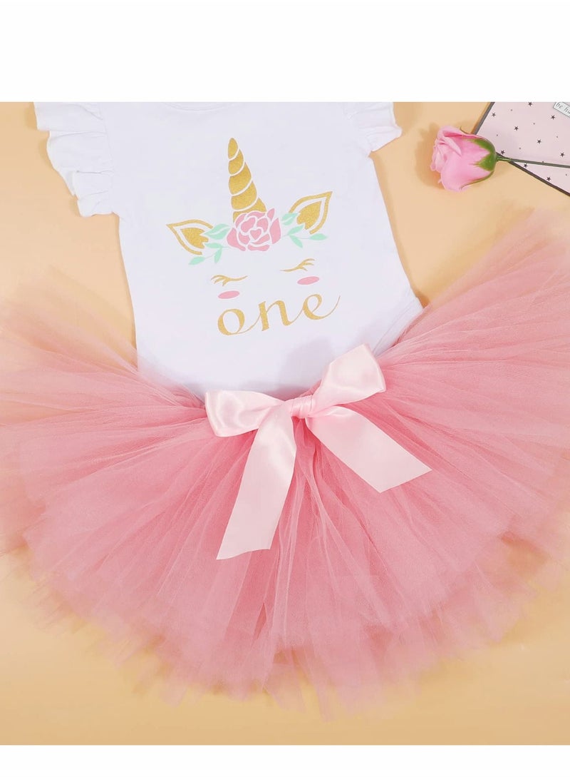 Y&D - Baby Girl Birthday Unicorn Outfit Toddler My 1st Romper Tutu Skirt with Headband Clothes Set Pink - Image 1