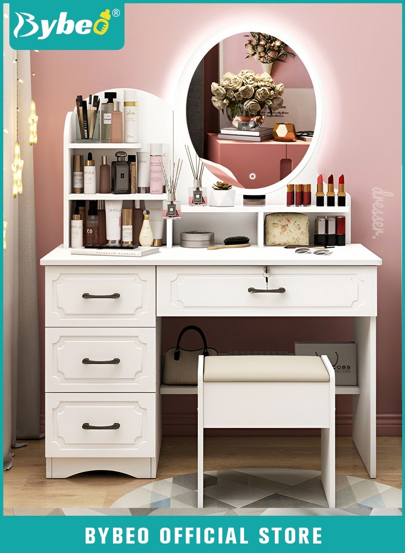 Bybeo Luxury Vanity Dressing Table with Chair, Makeup Vanity Table Set, Vanity Desk with Multi-Tier Cosmetics Shelves, 4 Drawers, Touchscreen LED Light Mirror, and Soft Cushioned Stool, Perfect for Lady Dressing and Makeup - Image 1
