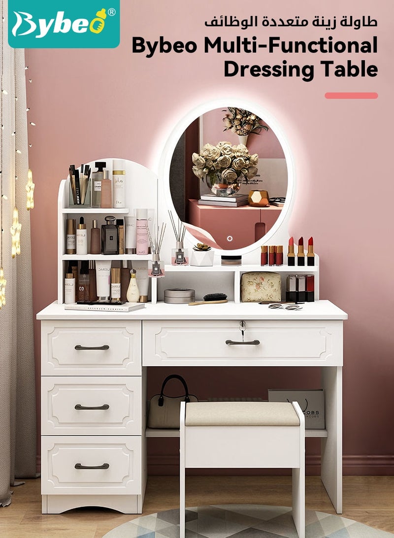 Bybeo Luxury Vanity Dressing Table with Chair, Makeup Vanity Table Set, Vanity Desk with Multi-Tier Cosmetics Shelves, 4 Drawers, Touchscreen LED Light Mirror, and Soft Cushioned Stool, Perfect for Lady Dressing and Makeup - Image 2