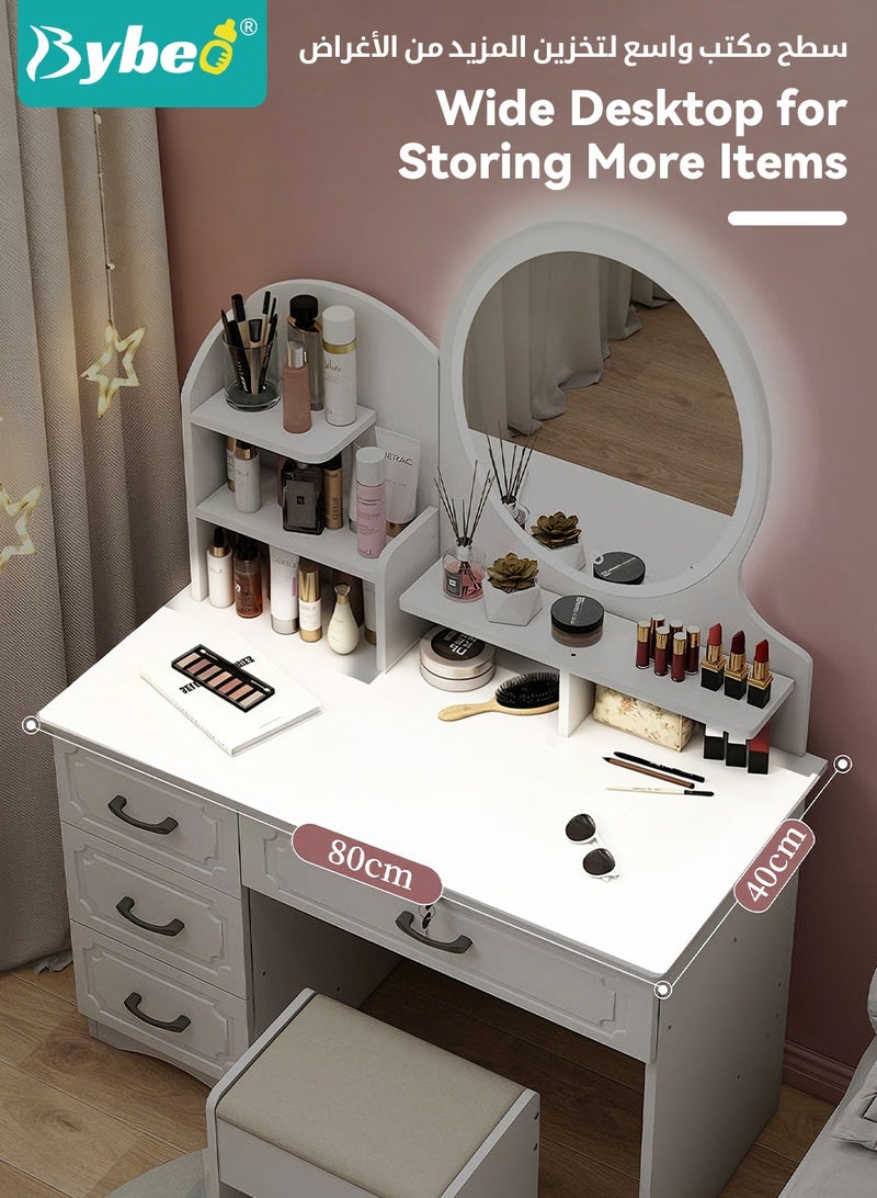 Bybeo Luxury Vanity Dressing Table with Chair, Makeup Vanity Table Set, Vanity Desk with Multi-Tier Cosmetics Shelves, 4 Drawers, Touchscreen LED Light Mirror, and Soft Cushioned Stool, Perfect for Lady Dressing and Makeup - Image 5