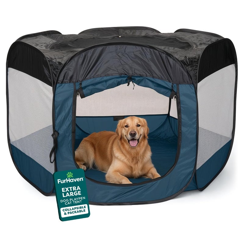 FurHaven SoftSided Dog Cat Playpen Portable Foldable Indoor Outdoor Pet Playpen with Mesh Windows Zippered Door Sailor Blue Extra Large - Image 2
