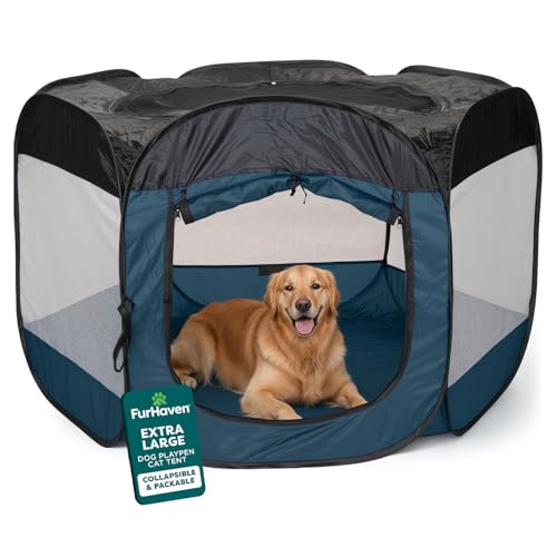 FurHaven SoftSided Dog Cat Playpen Portable Foldable Indoor Outdoor Pet Playpen with Mesh Windows Zippered Door Sailor Blue Extra Large - Image 1